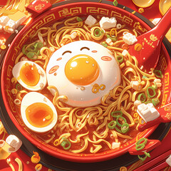 A heartwarming scene featuring a traditional Japanese dish - a bowl of ramen topped with a sunny-side-up egg that radiates positivity. This delightful meal is beautifully presented on an oriental
