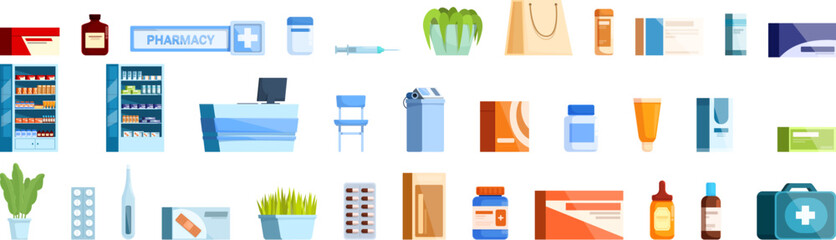 Drugstore interior icons set cartoon vector. Medical nutrition. Health care vitamin