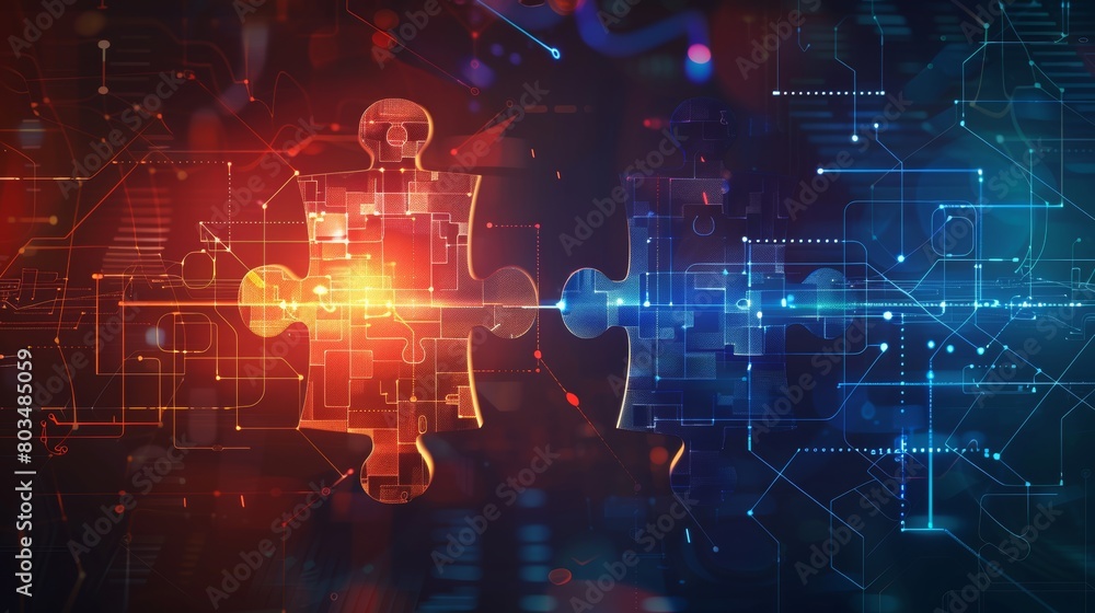 Aufkleber digital puzzle pieces connecting on circuit board background