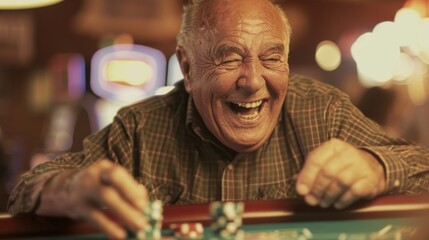 An elderly man in a plaid shirt with a joyful expression sitting at a casino table surrounded by chips, representing winning and happiness