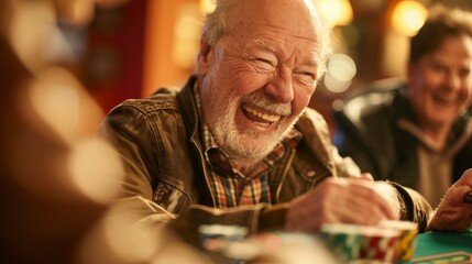 Obraz premium An elderly man with a full beard is laughing joyously at a casino table with defocused people in the background