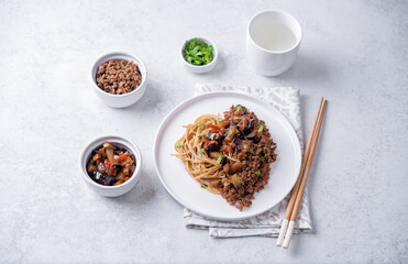 Buckwheat soba with ground meat and spicy eggplant and pepper slices