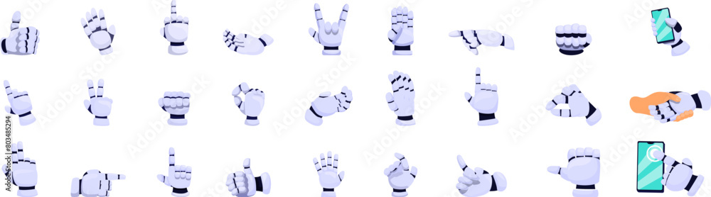 Poster robot hand gestures icons set cartoon vector. mechanical cyborg. bionic innovative