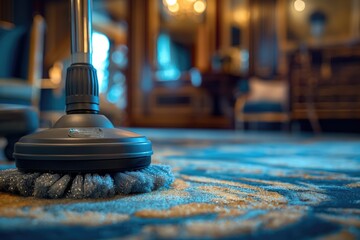 Vacuum cleaner cleaning carpet in living room, close up view