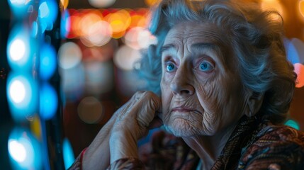 Obraz premium The profile of an elderly woman, poised in front of a brightly lit slot machine backdrop