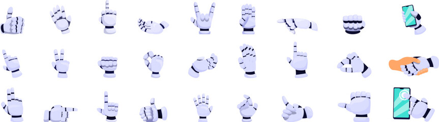 Robot hand gestures icons set cartoon vector. Mechanical cyborg. Bionic innovative