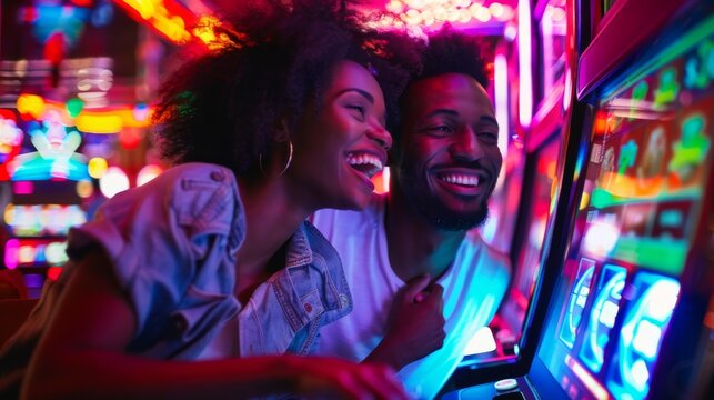 Two people are shown having fun playing arcade games, illuminated by neon lights