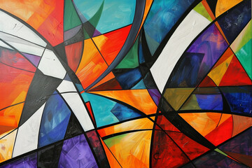 Modern art painting with geometric shapes and lines, creating a visually striking composition.