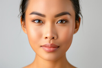 Cropped beautiful female Asian beauty care models face front close up. Calm relaxed young Korean woman with soft clean perfect skin looking at camera.
