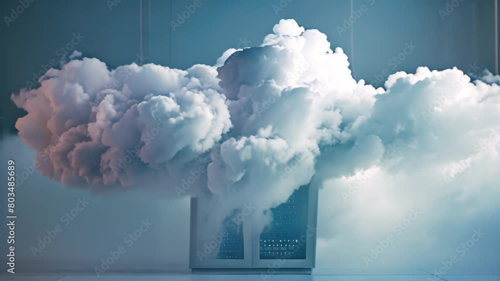 Poster a cloud of smoke billows out of a server, indicating a potential hardware failure or overheating iss