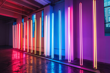 Multiple neon tubes flickering and casting a vibrant glow in a dimly lit room.