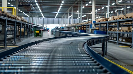 a conveyor belt in a warehouse