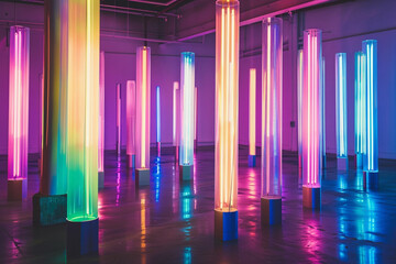 Multiple neon tubes flickering and casting a vibrant glow in a dimly lit room.