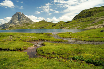 Beautiful mountain lake in Pyrenees (Lacs d' Ayous), popular hiking route, France