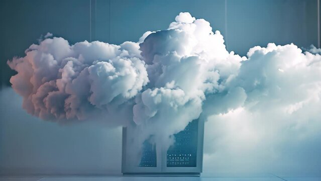 A cloud of smoke billows out of a server, indicating a potential hardware failure or overheating issue in a data center, Straightforward depiction of a cloud server on a blank canvas