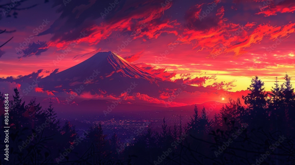 Poster a mountain range is in the background with a sunset in the foreground