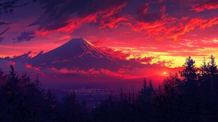 A mountain range is in the background with a sunset in the foreground