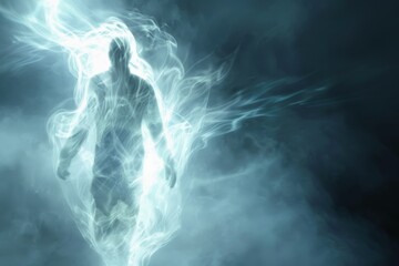 A persons translucent ethereal spirit form separates from their physical body.