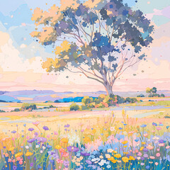 Experience the serene splendor of a countryside meadow with this vivid portrayal of blooming flowers. The image captures the essence of tranquility and natural beauty, offering an idyllic scene for