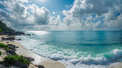 Fototapeta premium beautiful sandy beach and sea with clear blue sky background amazing beach blue sky 