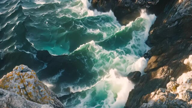 Majestic View of the Pacific Ocean From a Rugged Seaside Cliff, Stunning overhead shot of sea waves dancing around sharp rocks
