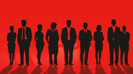 a group of people standing in front of a red background