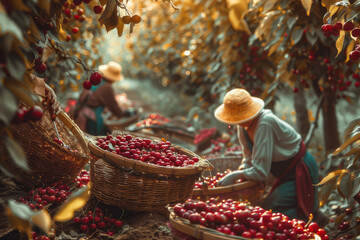 An image depicting the cherry harvest in an orchard, focusing on the abundance of cherries being picked from the trees - Generative AI