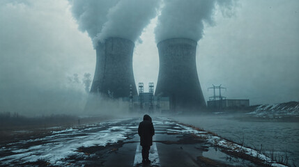 Silhouette of a person standing on a road to a nuclear power station in winter, dark and depressing mood