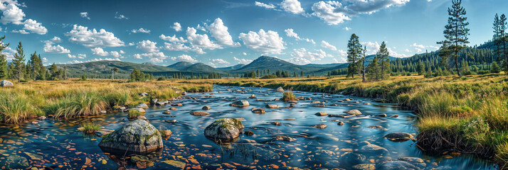Panorama view of a river in a north american landscape with mountains in the background
