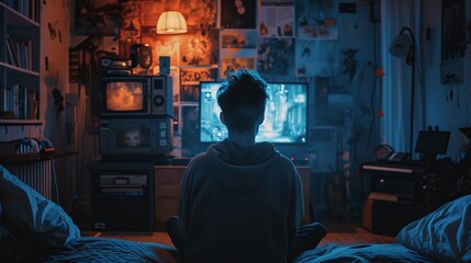 a person sitting in a room watching tv at night time