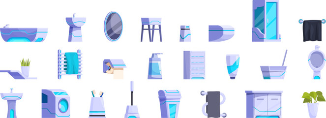 Futuristic bathroom interior icons set cartoon vector. Furniture staff. Shower cabin