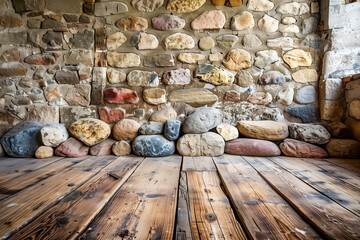 Empty wild stone cladding wall background, rustic interior design.