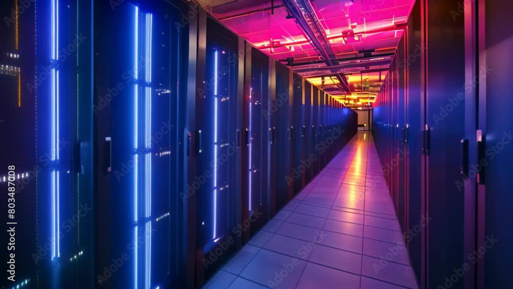 Poster a photograph showcasing rows of servers in a well-lit data center, supercomputers competing in a pro