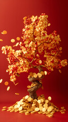 
chinese new year tree full of money, symbol for the coming of the new year, gold coins, money themed, phone wallpaper, in the style of adorable sculptures, angura kei, golden colour, red background, 