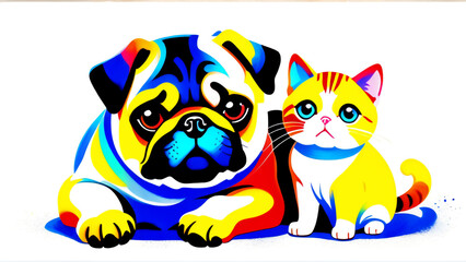 Fototapeta premium Cute pug puppy and tabby kitten resting side by side on a white background. AI generated.