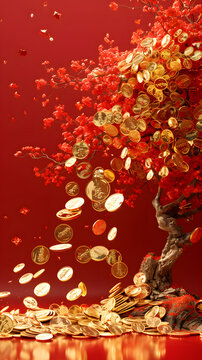 chinese new year tree full of money, symbol for the coming of the new year, gold coins, money themed, phone wallpaper, in the style of adorable sculptures, angura kei, golden colour, red background, o