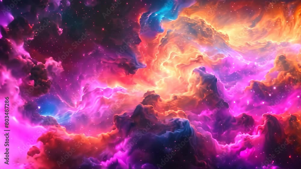 Poster a vibrant space scene showcasing a multitude of stars and swirling clouds, surreal swirls of color s
