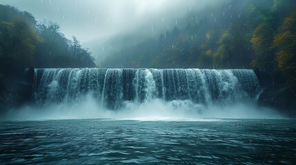 Fototapeta premium Hydraulic dam during peak flow, mist rising, power in nature, expansive and forceful