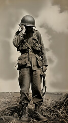 lone WWII soldier standing with head tilted down, hand touching helmet, world war two soldier, black and white photograph, full view of body, korean war