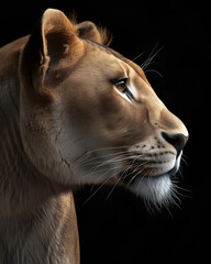 lioness profile portrait on black background, highly detailed, render, 8k