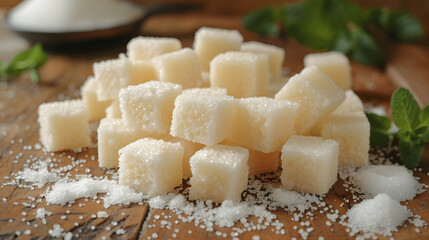 Pile of White Sugar Cubes on the Table, Representing Sweetness and Diabetes Concerns