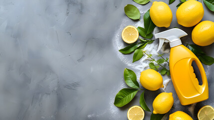 Plastic spray detergent bottle and lemons on gray background. Springtime flat lay composition. Spring cleaning concept and eco-friendly products. Minimalistic design for banner, poster with copy space
