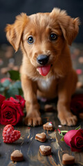 realistic photo, a little golden labrador puppy is sitting on the table and sees sweets and roses...