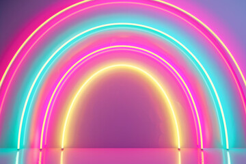 Neon tubes forming a radiant rainbow arch, exuding a sense of joy and vibrancy.