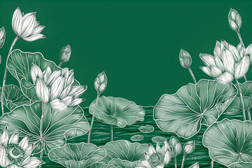 Graceful pencil mono color drawing of lotus and leaf isolated on green background with copy space, Lotus flowers line arts design for wallpaper, natural wall arts, banner, prints, invitation and packa