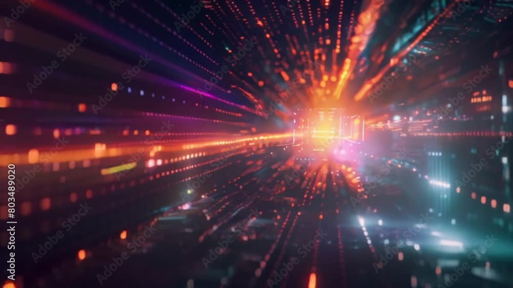 Poster dynamic lights converge in a tunnel design, illustrating a sense of high-speed data transfer or futu