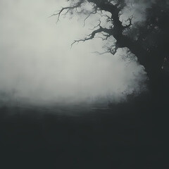 Eerie Atmosphere with a Towering Tree in Foggy Gloom