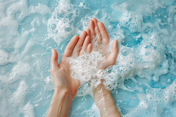Serene hands embraced by a velvety sea of soap foam, their tranquility reflected by the soft hues of a light blue canvas.
