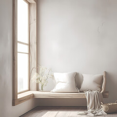 Serene Home Interior Scene with Sunlit Window Bench and Soft Textiles