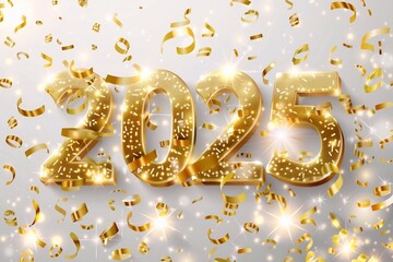 Happy New Year 2025. Holiday illustration with 2025 logo text design, sparkling confetti and shining stars background.